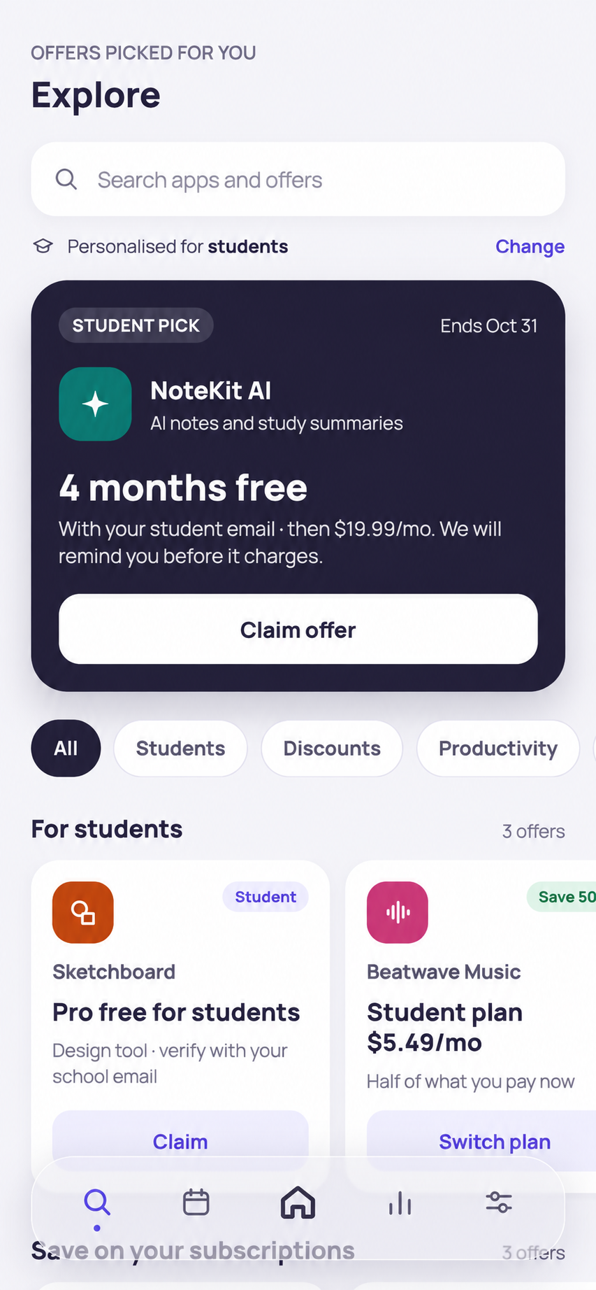 Explore screen showing personalised student offers, a NoteKit AI trial, and discounted subscriptions.