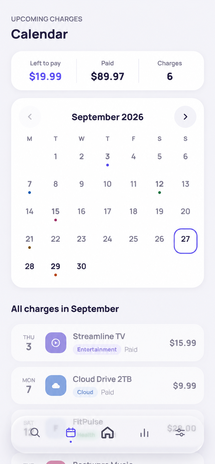 September subscription calendar showing paid and upcoming charges and a list of renewal dates.