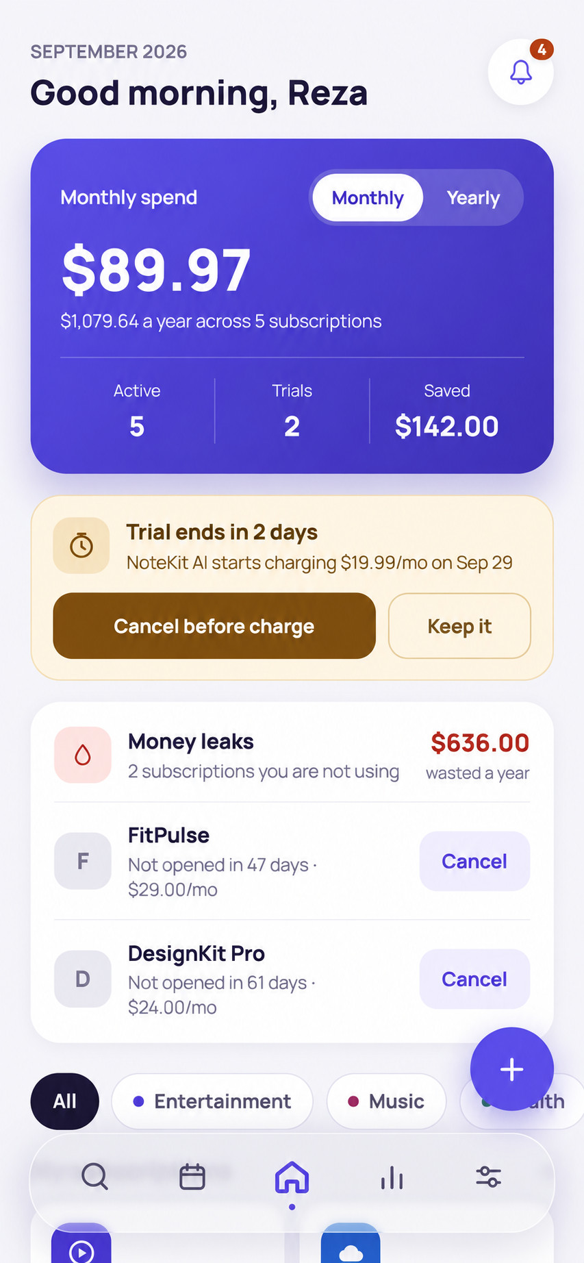 Subscription dashboard with monthly spending of $89.97, a trial ending in two days, and two unused subscriptions.
